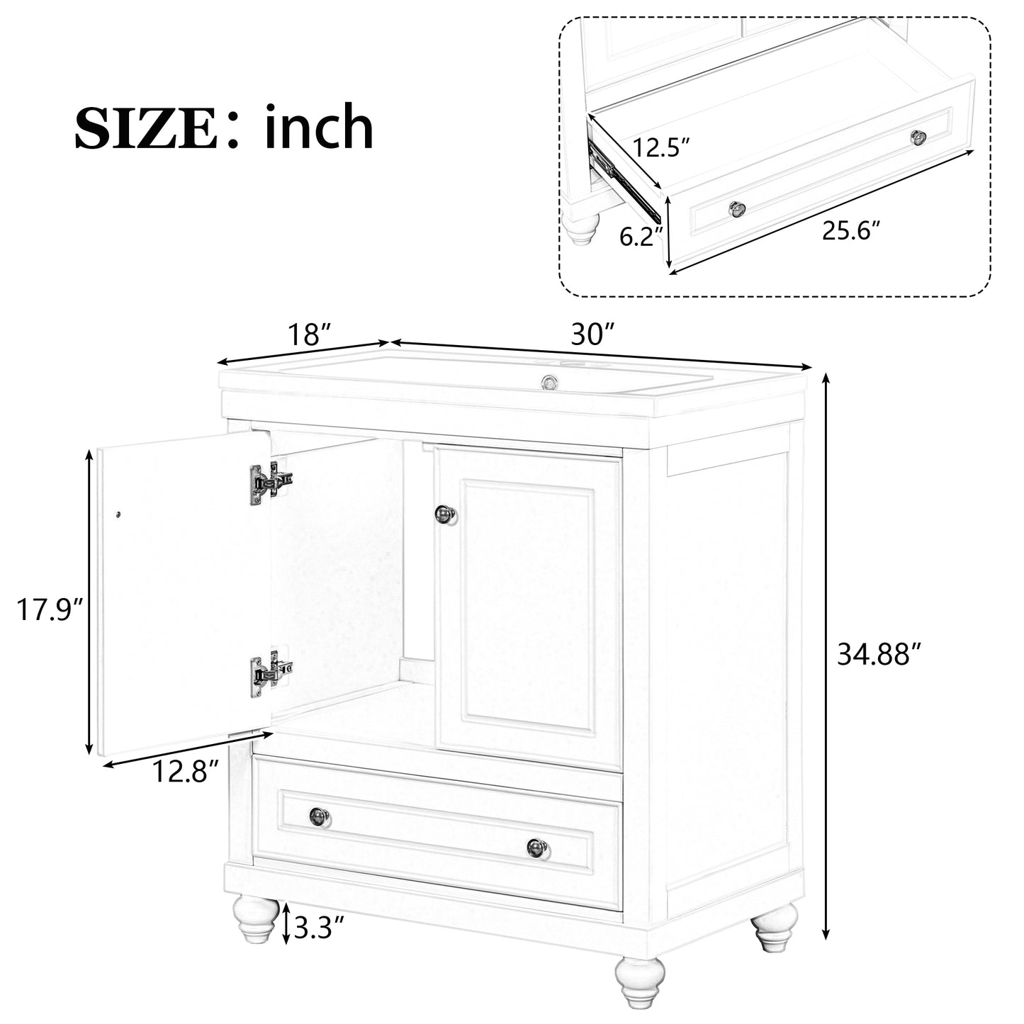 30" White Bathroom Vanity with Sink Freestanding Doors and Drawer