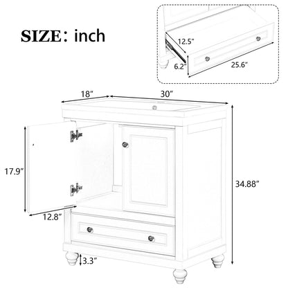 30" White Bathroom Vanity with Sink Freestanding Doors and Drawer