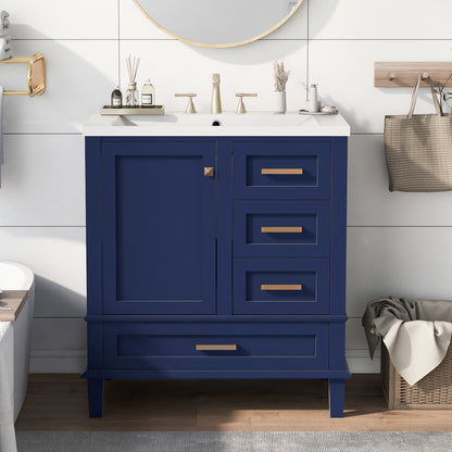 30" Blue Bathroom Vanity with Sink Freestanding Soft Closing Doors and 3 Drawers