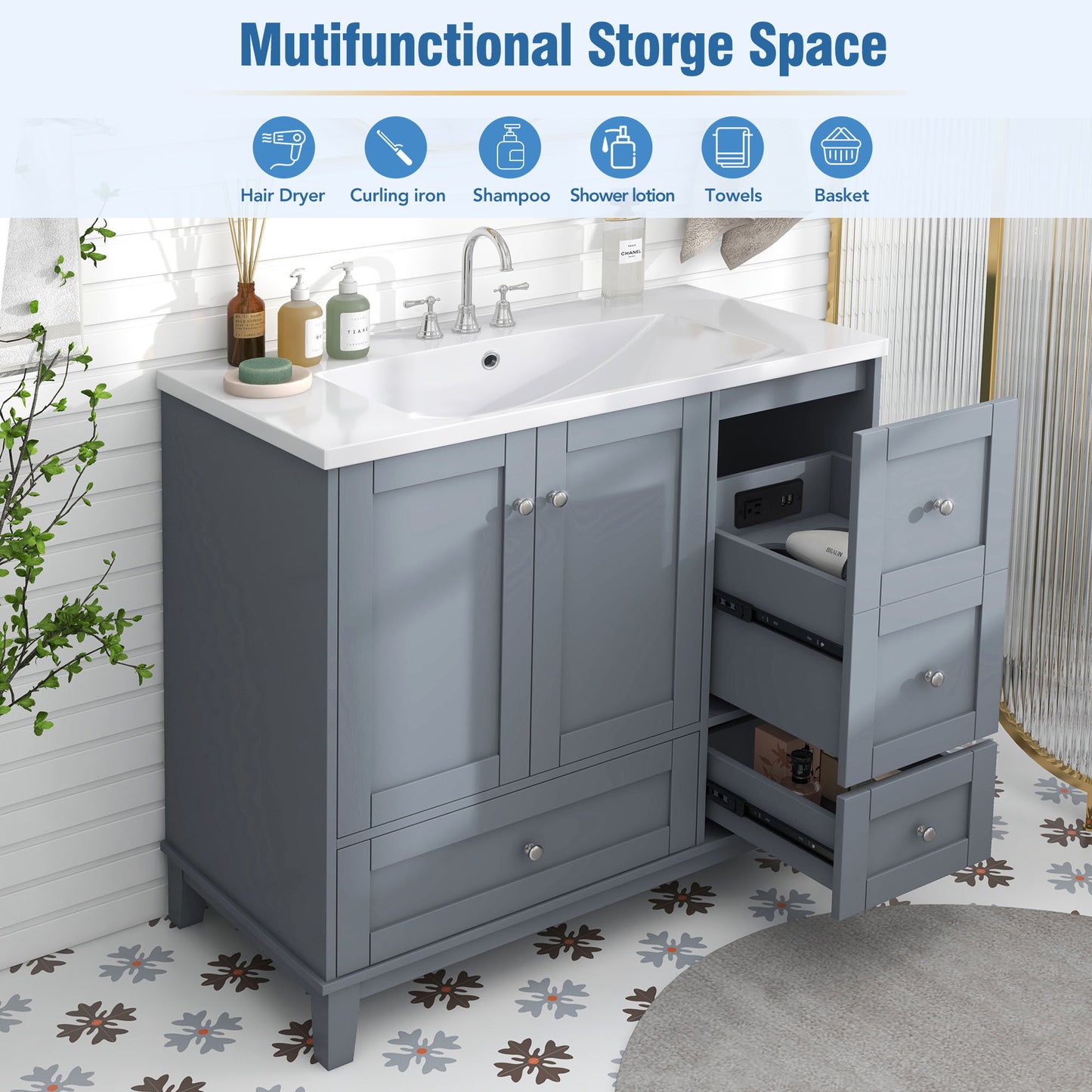 36" White & Gray Blue Bathroom Vanity with USB Charging Freestanding