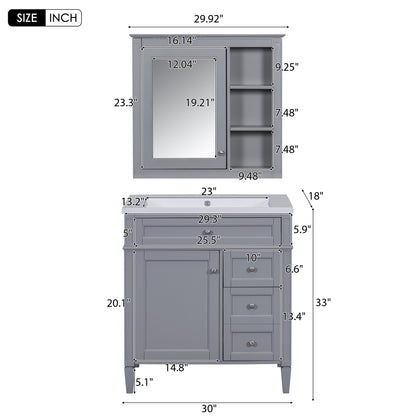 30" Modern Bathroom Vanity with Top Sink Freestanding 2 Drawers and Tip-out Drawer