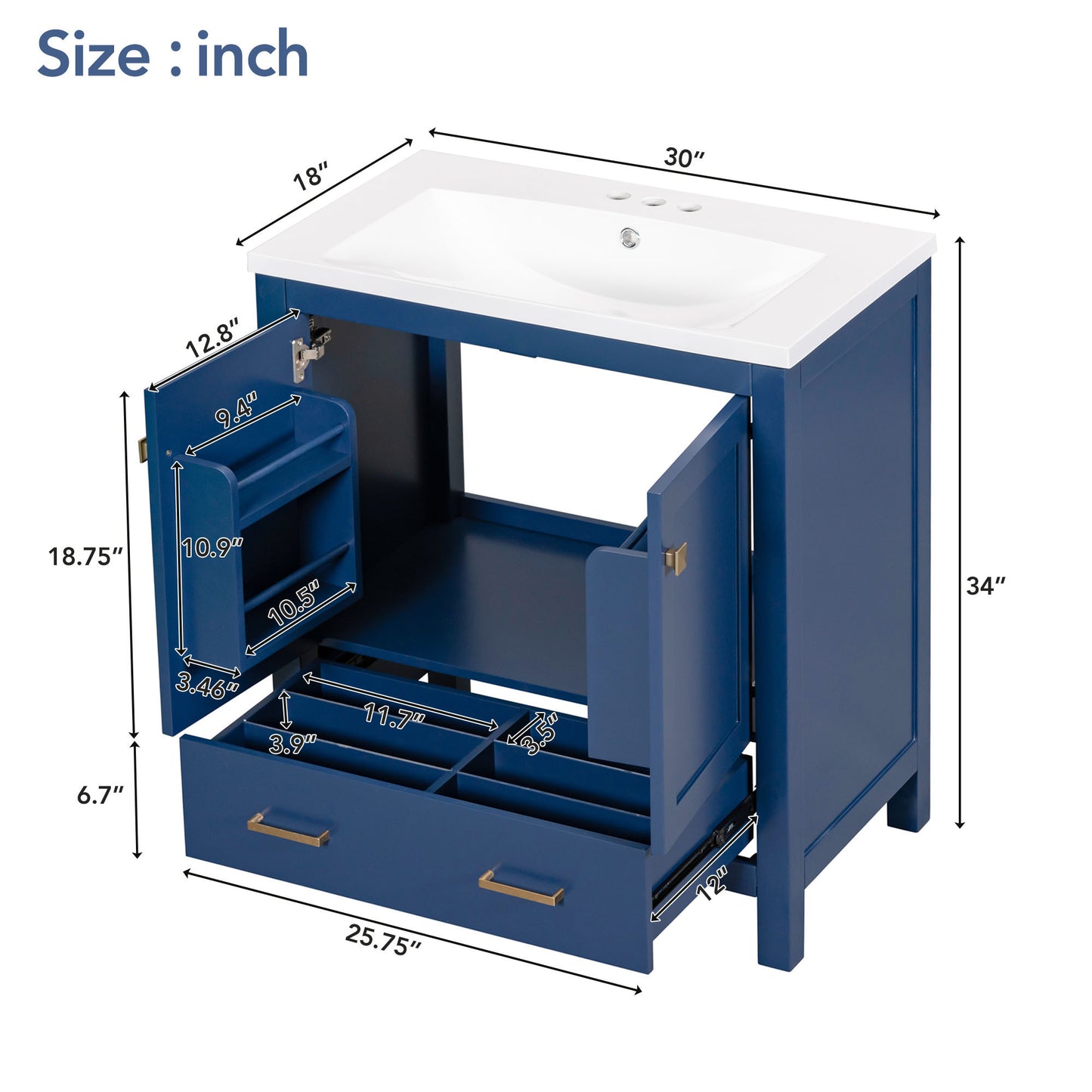 30" Blue Bathroom Vanity with Single Sink Freestanding Undermount Sink