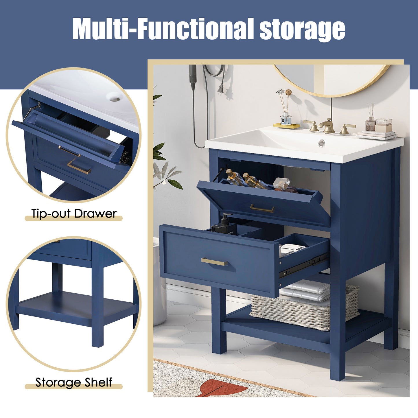 24" Blue Modern Bathroom Vanity with Top Sink Standing 2 Drawers