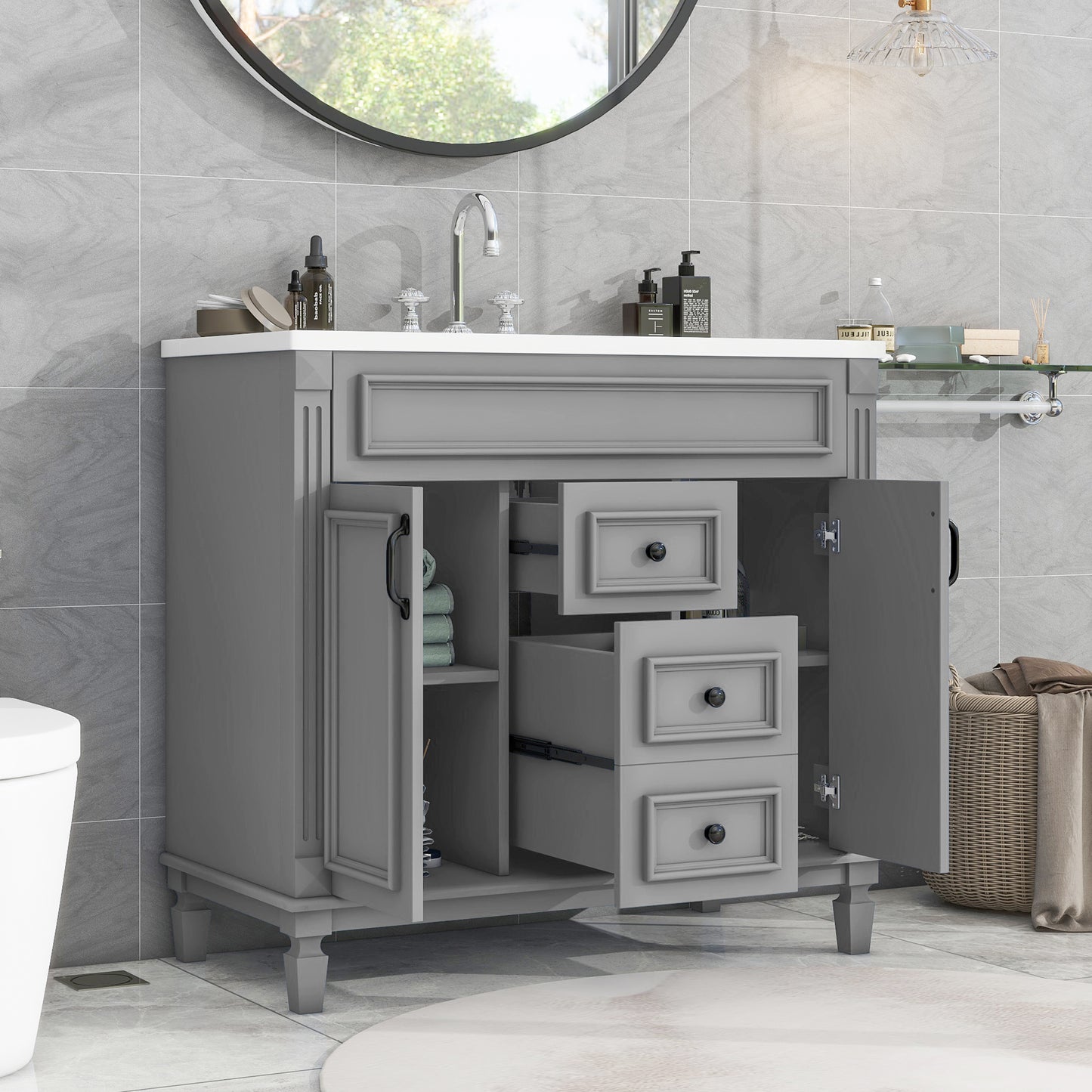 36" Modern Bathroom Vanity with Top Sink Freestanding