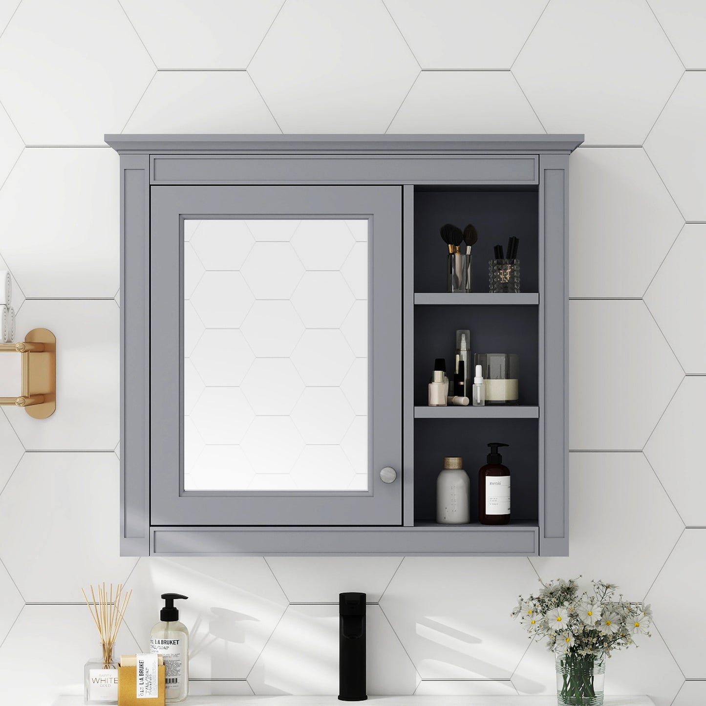 30" x 28" Medicine Cabinet Wall Mounted with Mirror and 3 Open Shelves