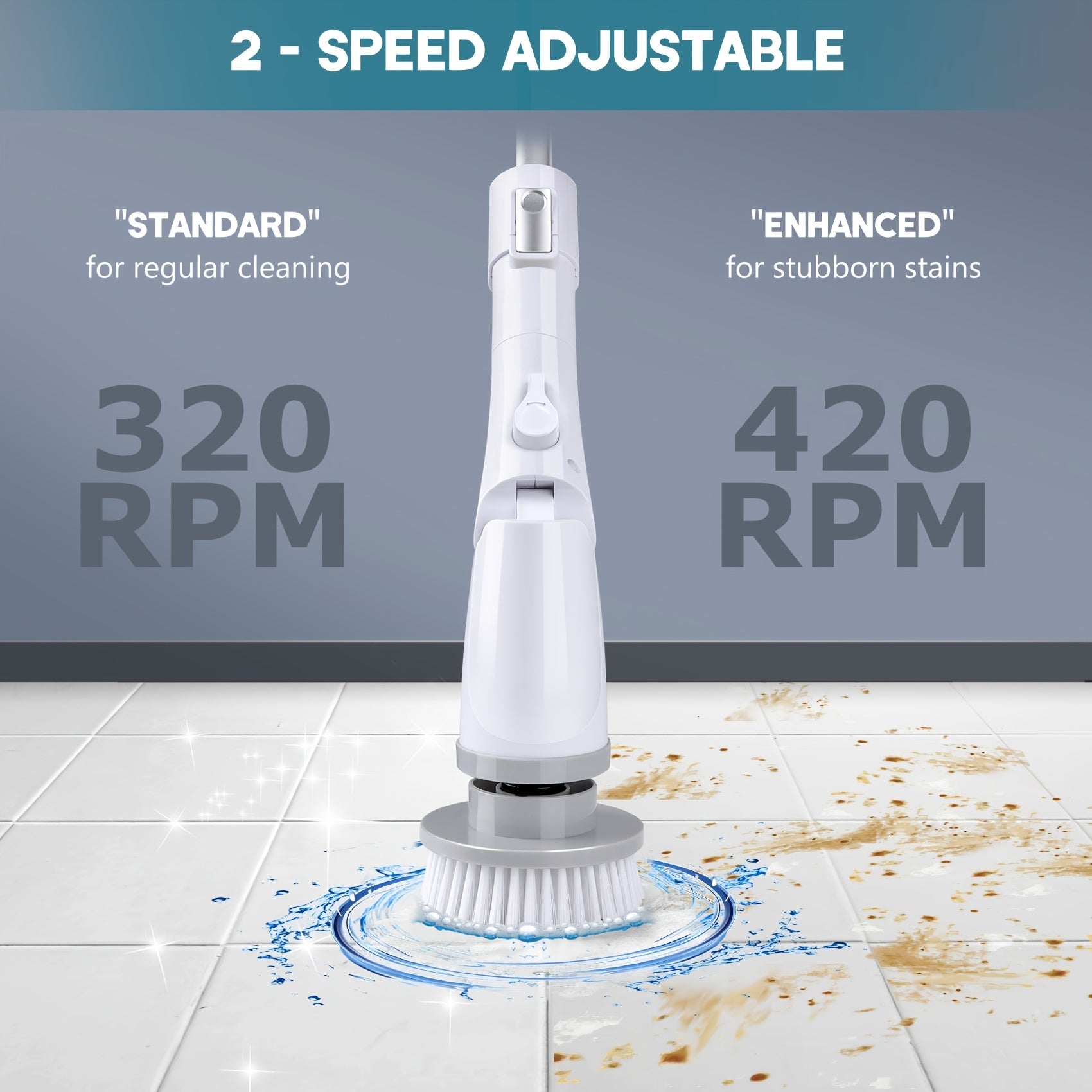 VENETIO 1 set Cordless Electric Spin Scrubber with 4 Replaceable Brush Heads - Long Handled Shower Scrubber for Tub Tile Cleaning - 90 Min Run Time - 320/420RPM - USB-C Charging Cord - Powerful Bathroom Cleaning Tool ➡ CS-00022