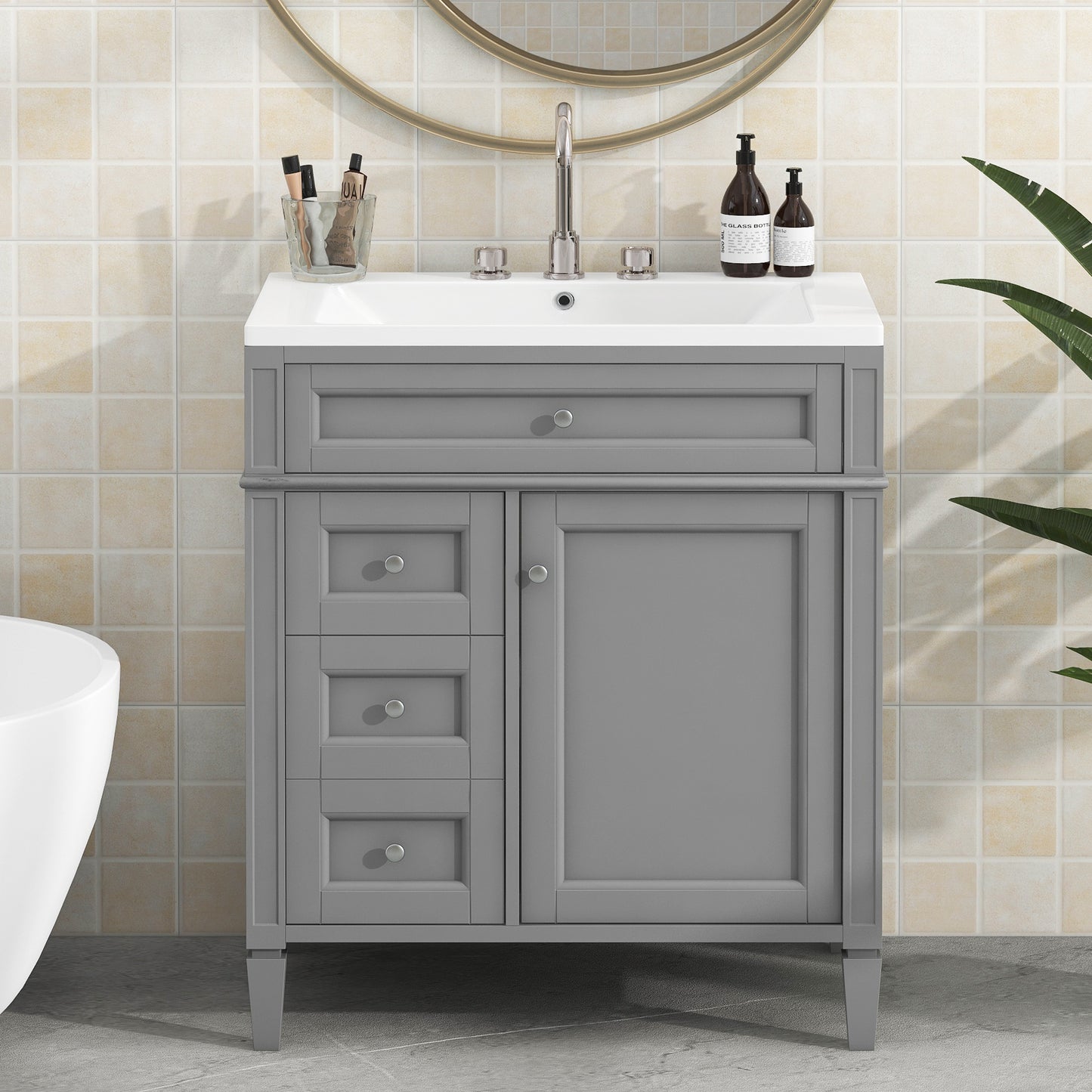 30" Modern Bathroom Vanity with Top Sink Freestanding 2 Drawers and Tip-out Drawer