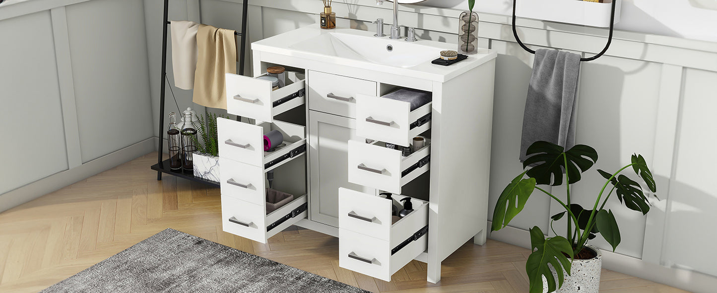 36" White Bathroom Vanity with Multifunctional Storage Space Freestanding