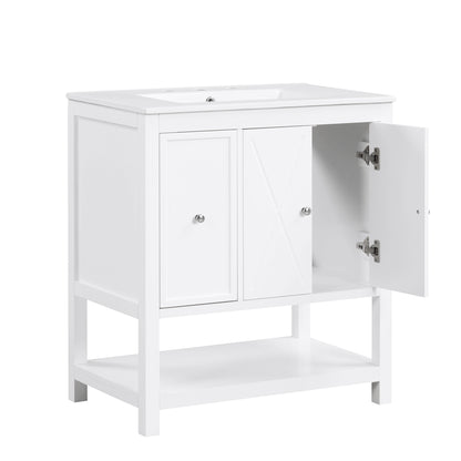 30" White Bathroom Vanity with Sink Top Freestanding Two Doors One Drawer