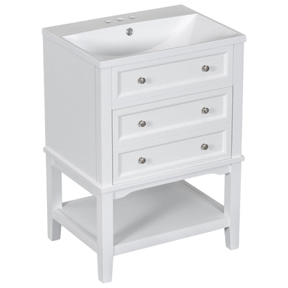 24" White Bathroom Vanity with Single Sink Free-standing Drawer and Open Shelf