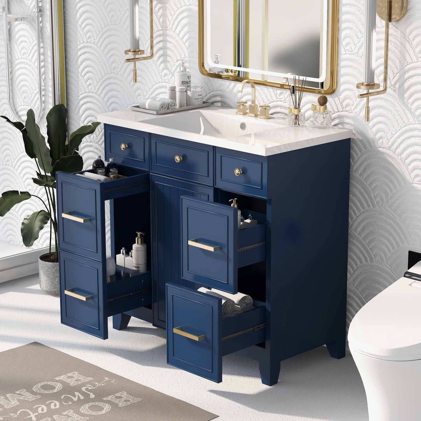 36" Navy Blue Bathroom Vanity with Sink Top Combo Freestanding