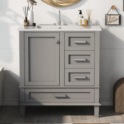 30" Grey Bathroom Vanity with Sink Freestanding Soft Closing Doors and 3 Drawers