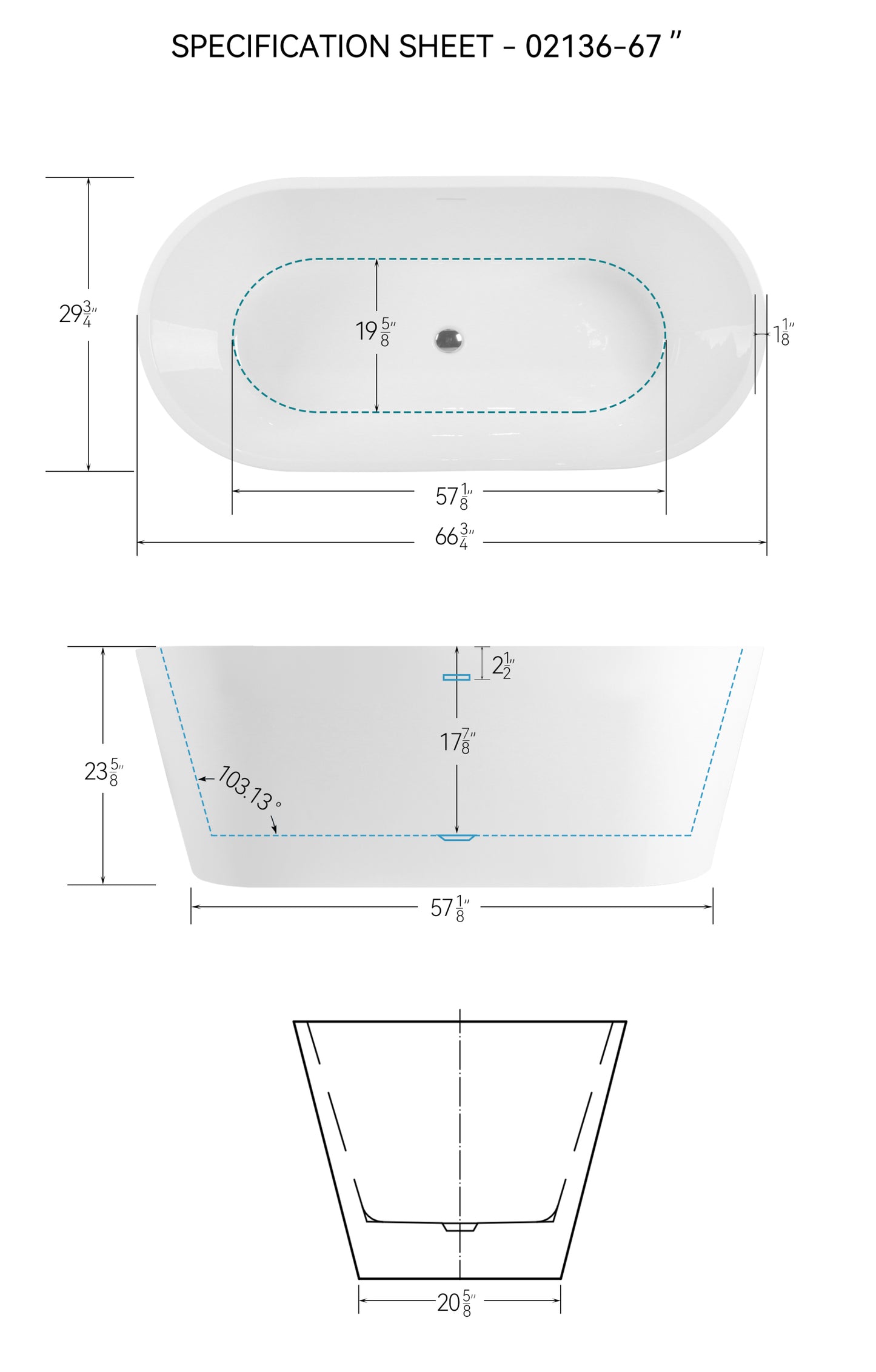 67" Glossy White Acrylic Freestanding Bathtub with Chrome Drain