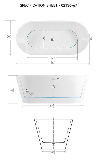 67" Glossy White Acrylic Freestanding Bathtub with Chrome Drain