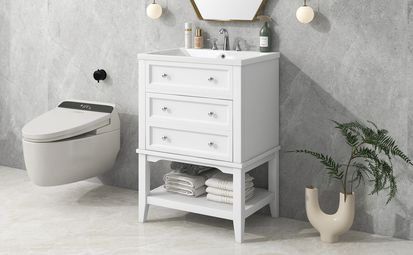 24" White Bathroom Vanity with Single Sink Free-standing Drawer and Open Shelf