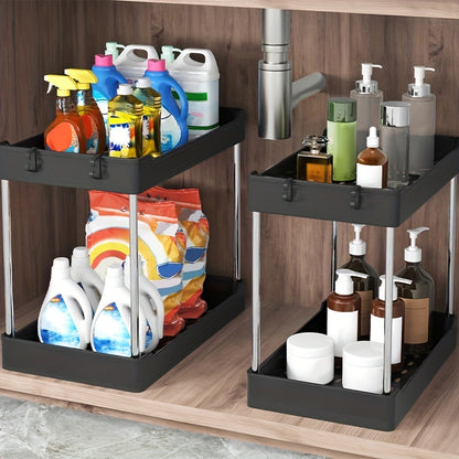 VENETIO 2pcs Under Sink Organizer And Storage, 2 Tier Bathroom Organizer Under Sink, Black Under Sink Organizer And Storage, Cleaning Supplies Organizer, Cabinet Under Storage Cabinets, Two Sizes Large And Medium ➡ SO-00007