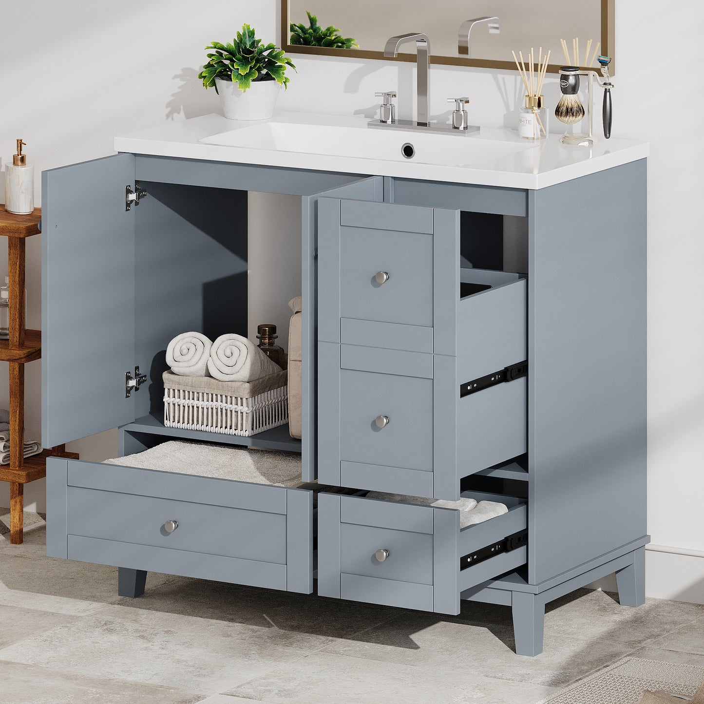 36" White & Gray Blue Bathroom Vanity with USB Charging Freestanding