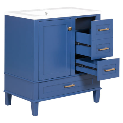 30" Blue Bathroom Vanity with Sink Freestanding Soft Closing Doors and 3 Drawers