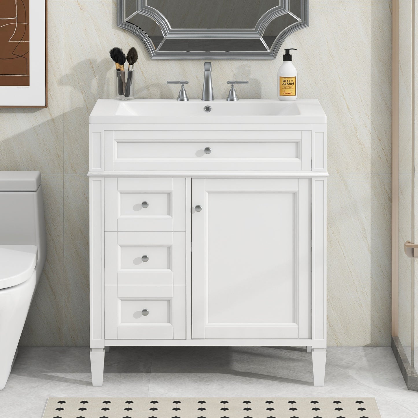 30" Modern Bathroom Vanity with Top Sink Freestanding 2 Drawers and Tip-out Drawer