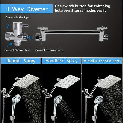 VENETIO 1set Shower Head With Hose, 8'' High Pressure Rain Shower Head, Handheld Shower Head Combo With 11'' Extension Arm, 9 Spray Settings Adjustable Shower Head With Holder, Height/Angle Adjustable ➡ BF-00001