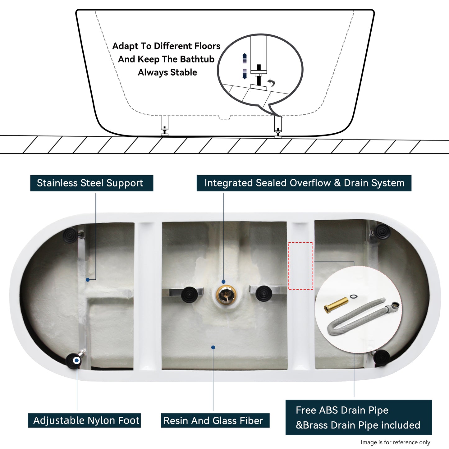 67" Glossy White Acrylic Freestanding Bathtub with Chrome Drain and Overflow