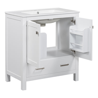 30" White Bathroom Vanity with Single Sink Freestanding Undermount Sink