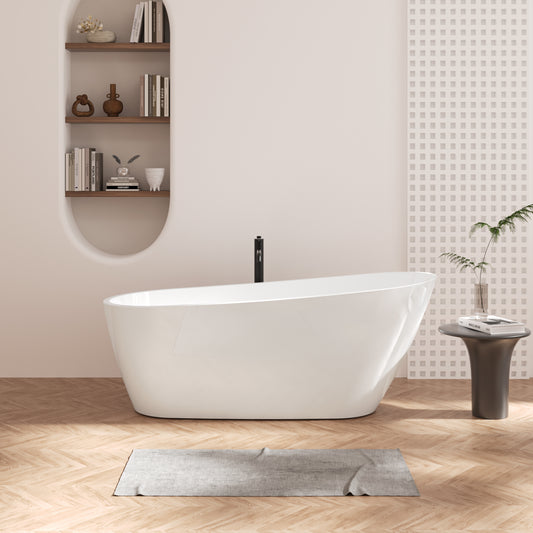 67" Glossy White Acrylic Freestanding Bathtub with Brushed Nickel Drain