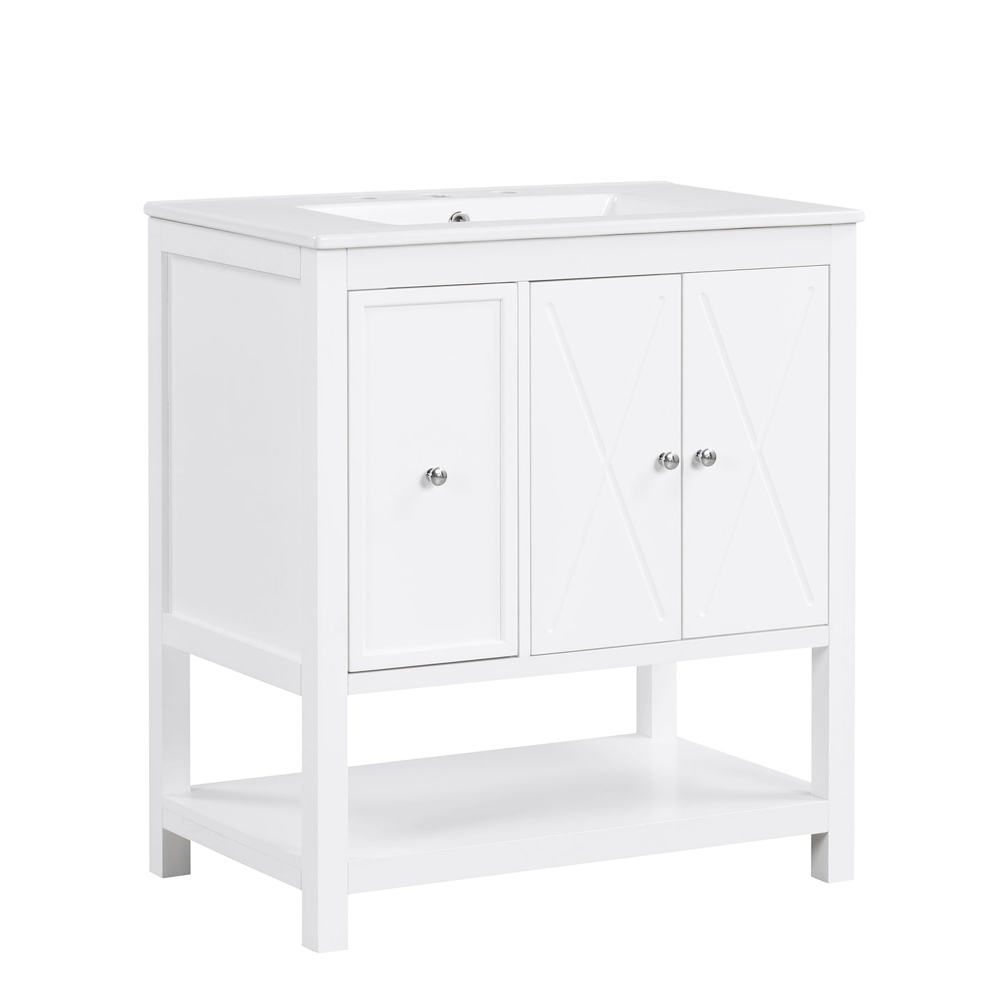 30" White Bathroom Vanity with Sink Top Freestanding Two Doors One Drawer