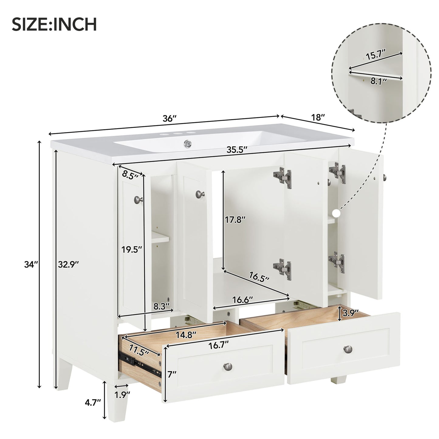 36" Bathroom Vanity with Resin Sink Combo Freestanding