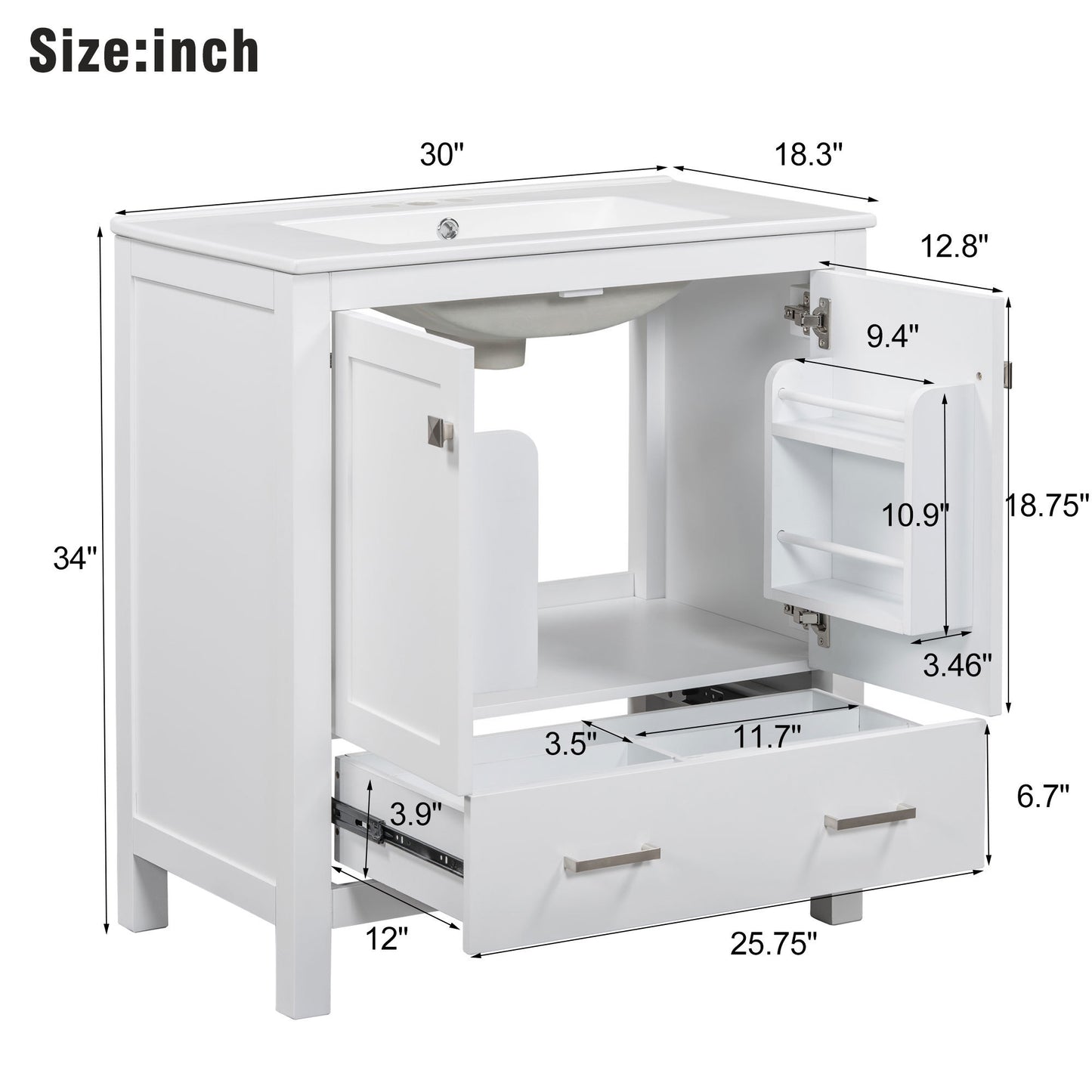 30" White Bathroom Vanity with Single Sink Freestanding Undermount Sink