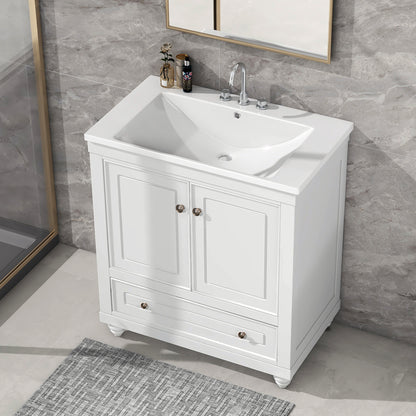 30" White Bathroom Vanity with Sink Freestanding Doors and Drawer