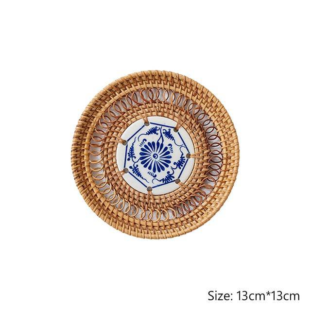 1PC Round Natural Rattan Insulation Kitchen Woven Holder Drink Coaster Heat Pad Handmade Table Padding Cup Mats Tea Pot Placemats - Venetio