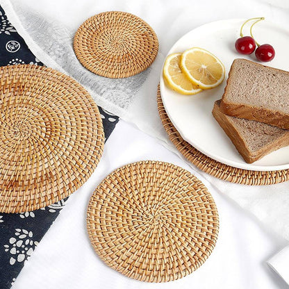 1PC Round Natural Rattan Insulation Kitchen Woven Holder Drink Coaster Heat Pad Handmade Table Padding Cup Mats Tea Pot Placemats - Venetio