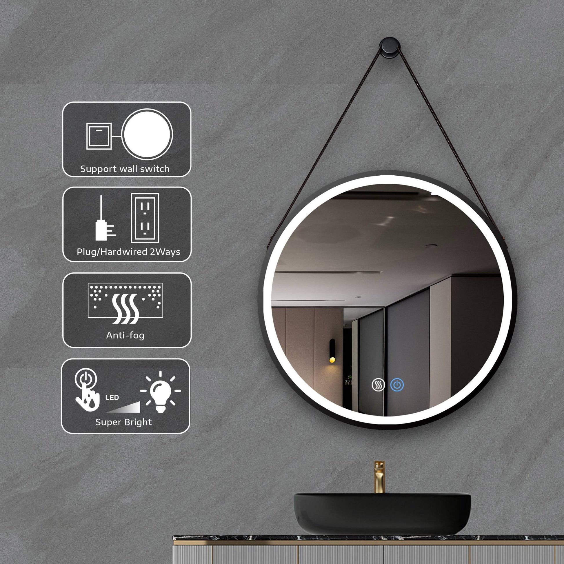 28 Inches Wall Hanging Round Mirror with Lights LED Bathroom - Venetio