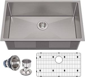 30" Undermount Stailess Steel Single Bowl Kitchen Sink, 16 Gauge with Strainer & Bottom Grid - Venetio
