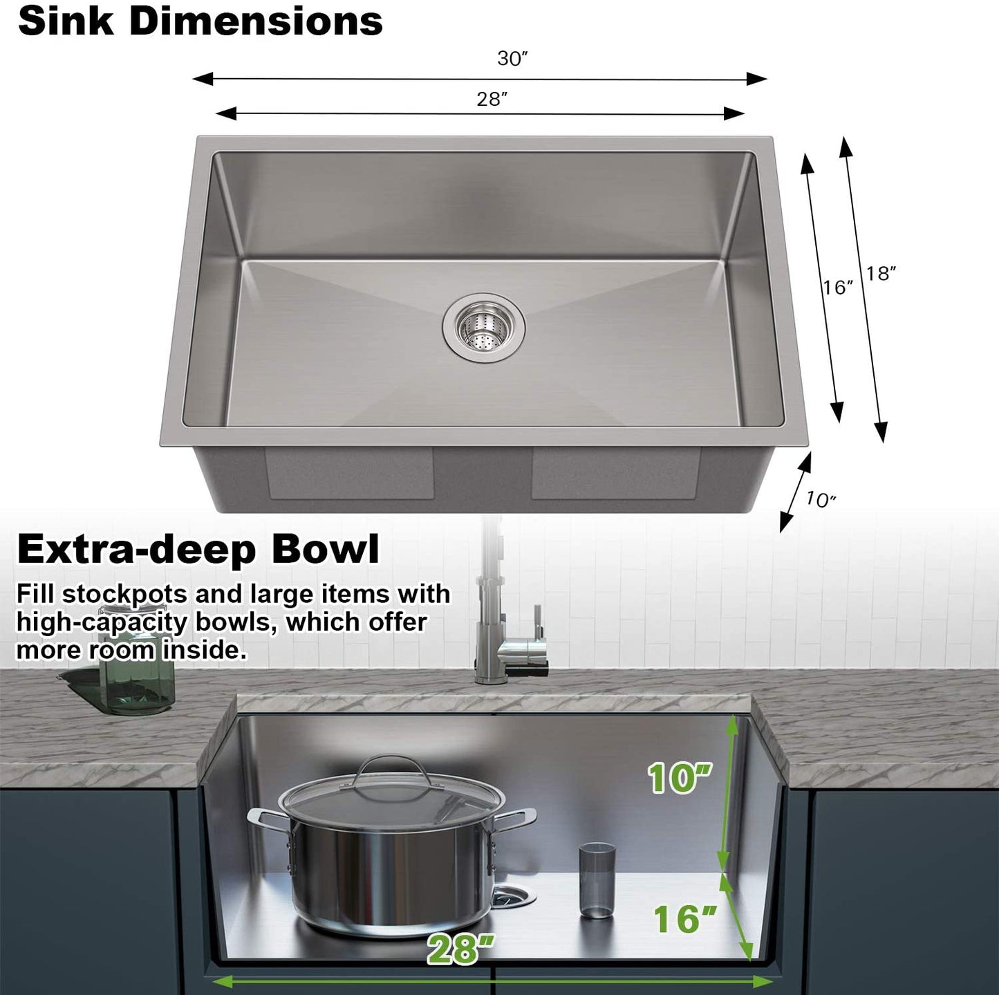 30" Undermount Stailess Steel Single Bowl Kitchen Sink, 16 Gauge with Strainer & Bottom Grid - Venetio