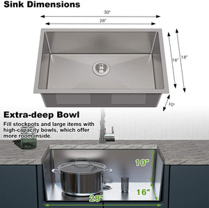 30" Undermount Stailess Steel Single Bowl Kitchen Sink, 16 Gauge with Strainer & Bottom Grid - Venetio