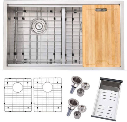 33" Brushed Nickel Stainless Steel Workstation Double Bowl Undermount Kitchen Sink, with Adjustable Dish Drainer & Dish Grid & Basket Strainer & Cutting Board - Venetio