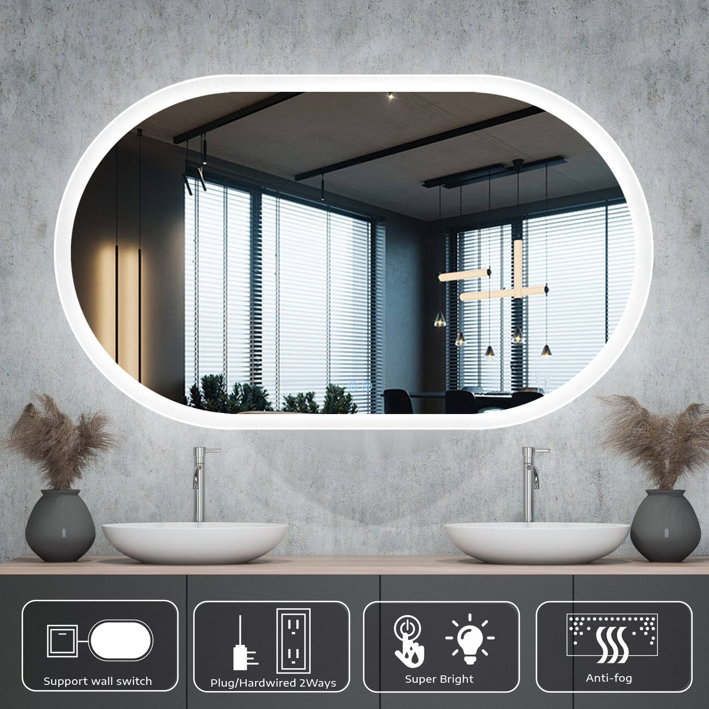 40x24 Inches Frameless Oval Smart Vanity Lighten Mirror (Edge Glow) - Venetio