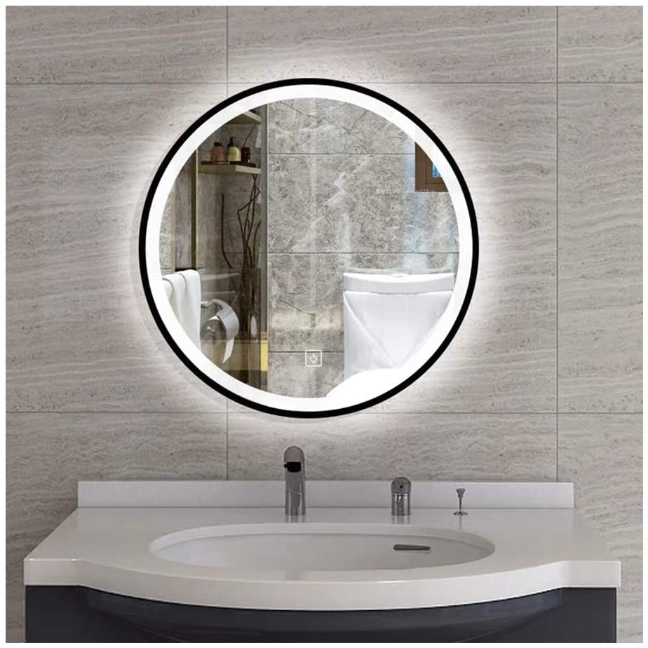 Espejo de baño redondo con marco LED negro de 32 pulgadas con luz, espejo  de tocador iluminado montado en la pared, interruptor táctil antivaho y