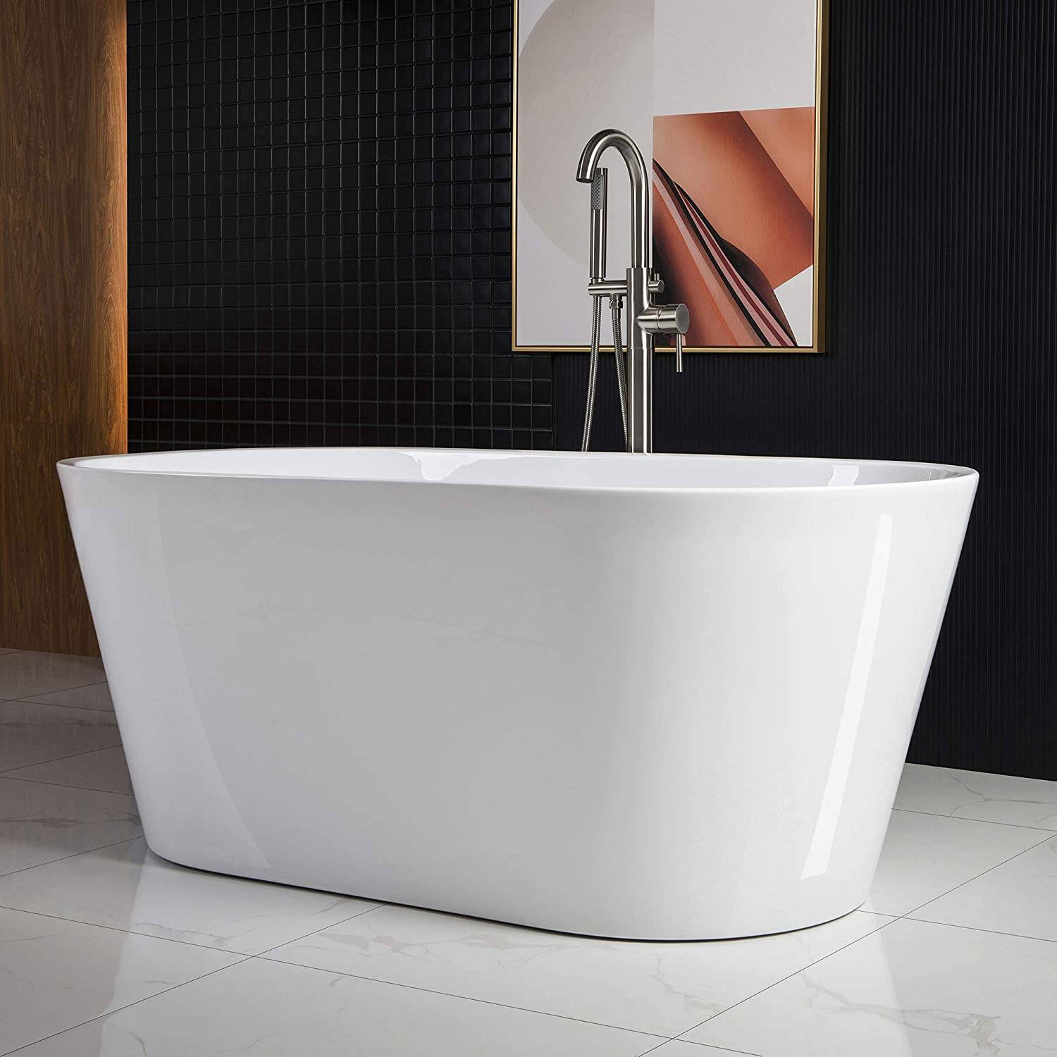 Venetio 59" 100% Acrylic Freestanding Bathtub Contemporary Soaking Tub with Brushed Nickel Overflow and Drain In White - Venetio