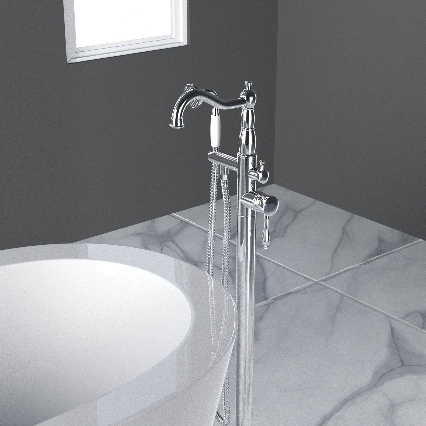 Venetio Double Handle Floor Mounted Freestanding Tub Filler Sliver Clawfoot Faucet With Hand Shower - Venetio