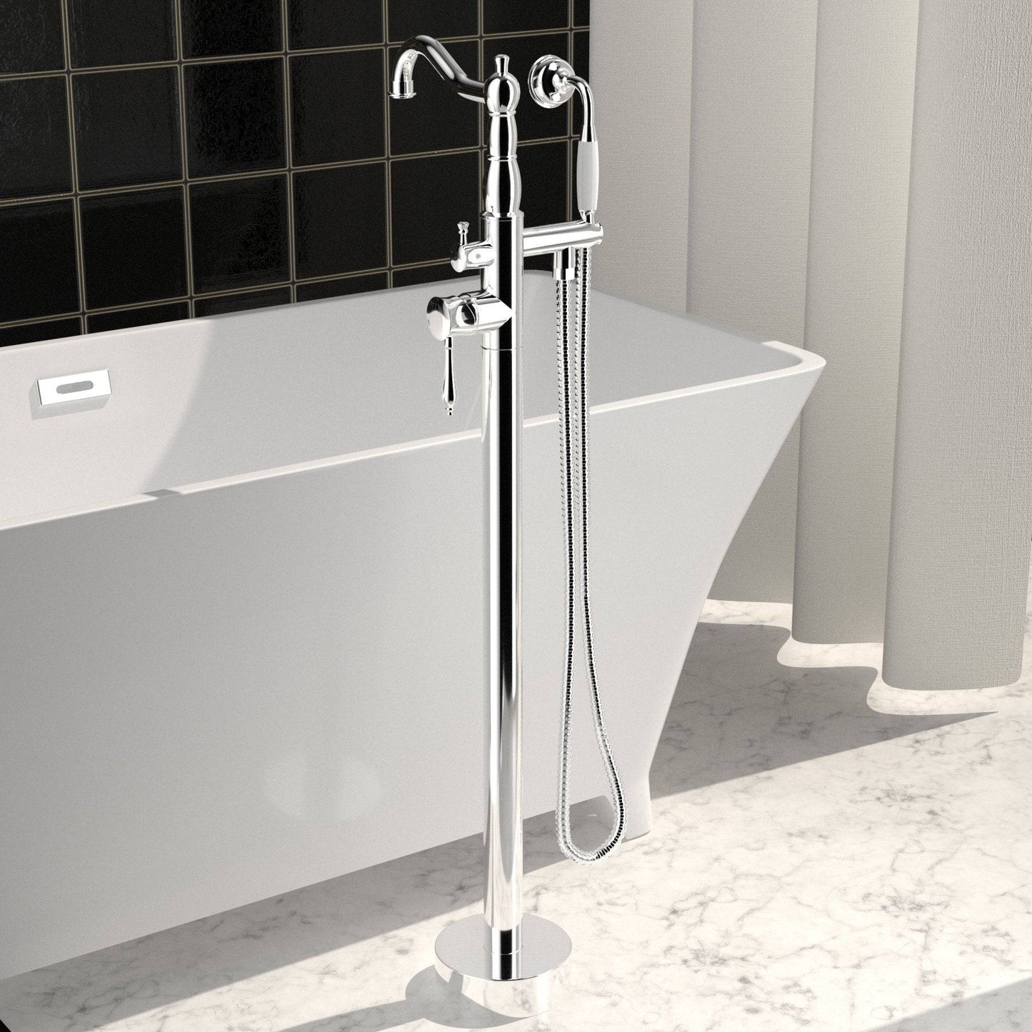 Venetio Double Handle Floor Mounted Freestanding Tub Filler Sliver Clawfoot Faucet With Hand Shower - Venetio