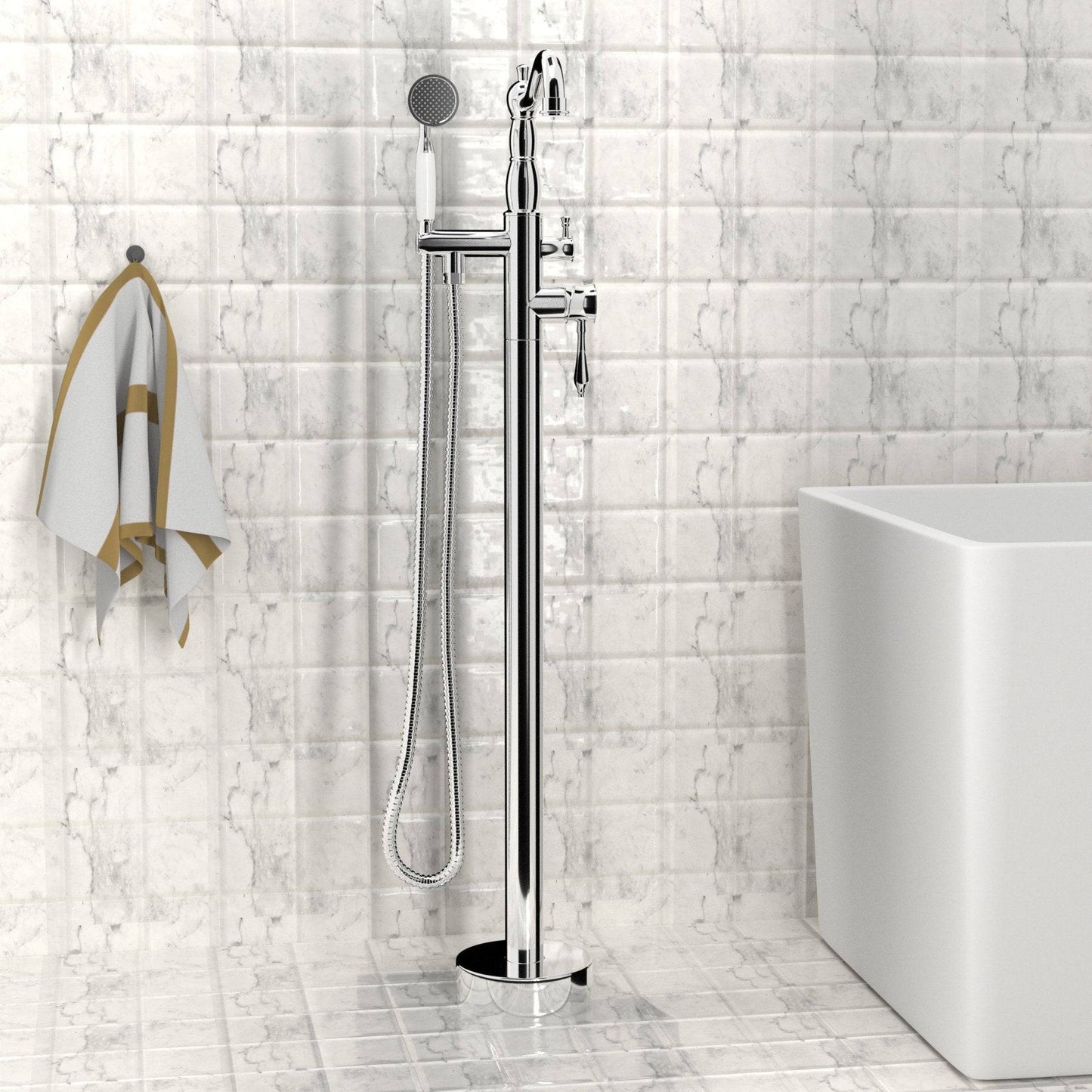 Venetio Double Handle Floor Mounted Freestanding Tub Filler Sliver Clawfoot Faucet With Hand Shower - Venetio