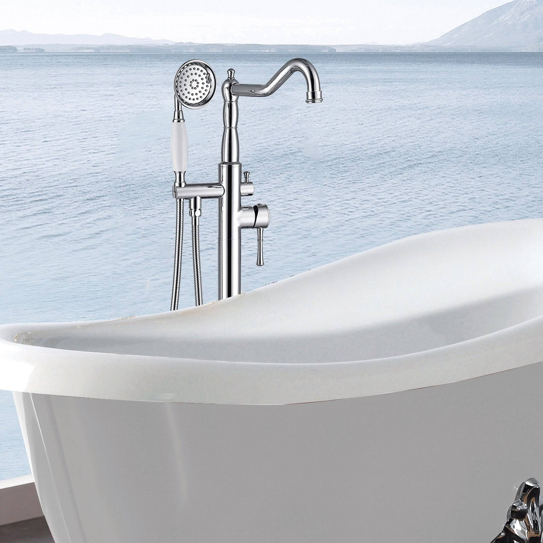 Venetio Double Handle Floor Mounted Freestanding Tub Filler Sliver Clawfoot Faucet With Hand Shower - Venetio