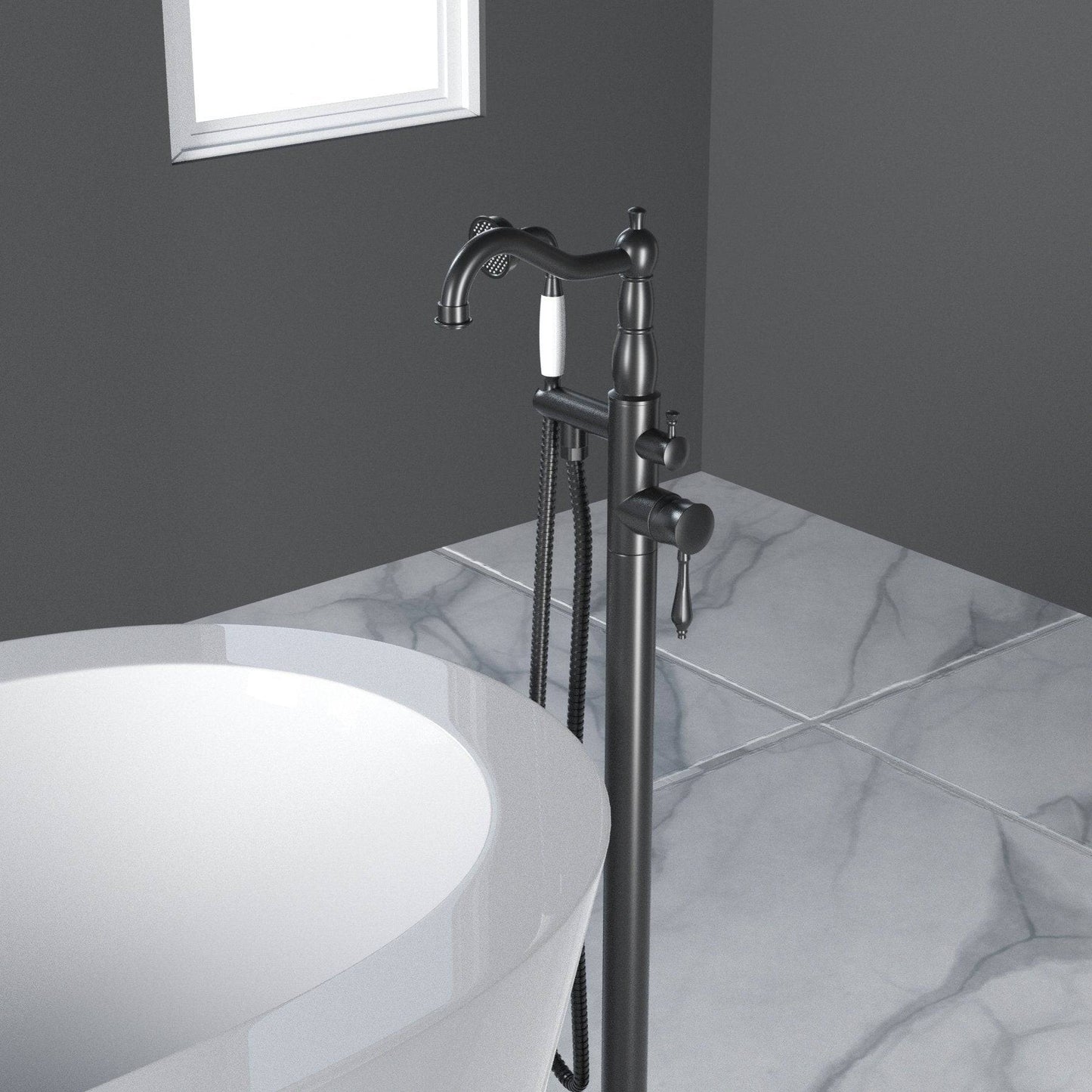 Venetio Double Handle Floor Mounted Freestanding Tub Filler Square Faucet With Hand Shower - Venetio