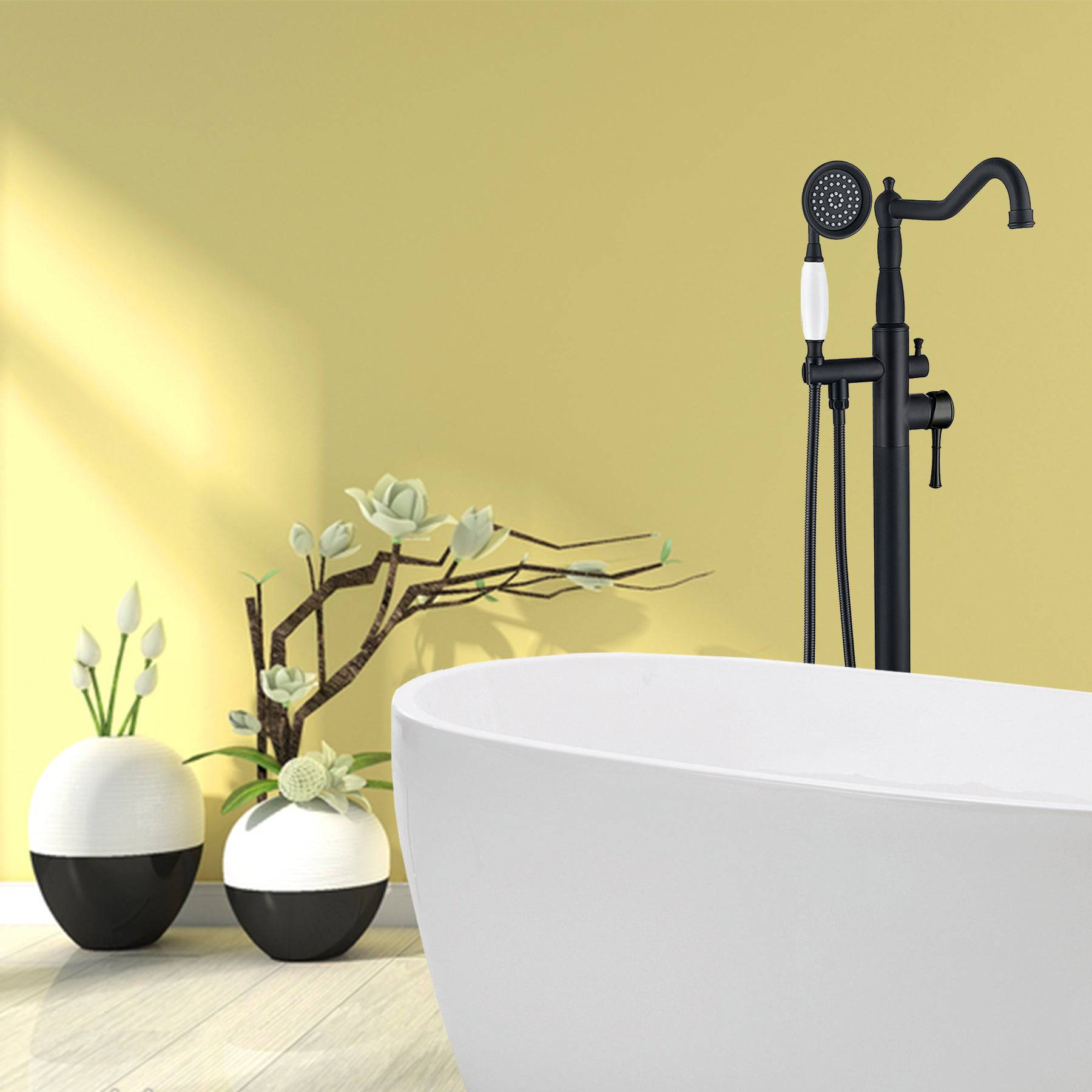 Venetio Double Handle Floor Mounted Freestanding Tub Filler Square Faucet With Hand Shower - Venetio