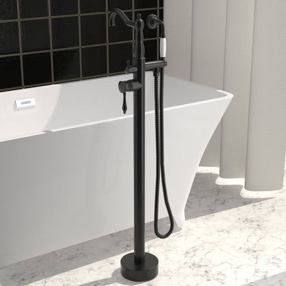 Venetio Double Handle Floor Mounted Freestanding Tub Filler Square Faucet With Hand Shower - Venetio