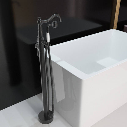 Venetio Double Handle Floor Mounted Freestanding Tub Filler Square Faucet With Hand Shower - Venetio