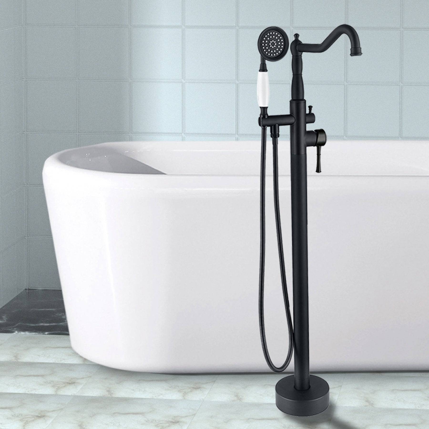 Venetio Double Handle Floor Mounted Freestanding Tub Filler Square Faucet With Hand Shower - Venetio